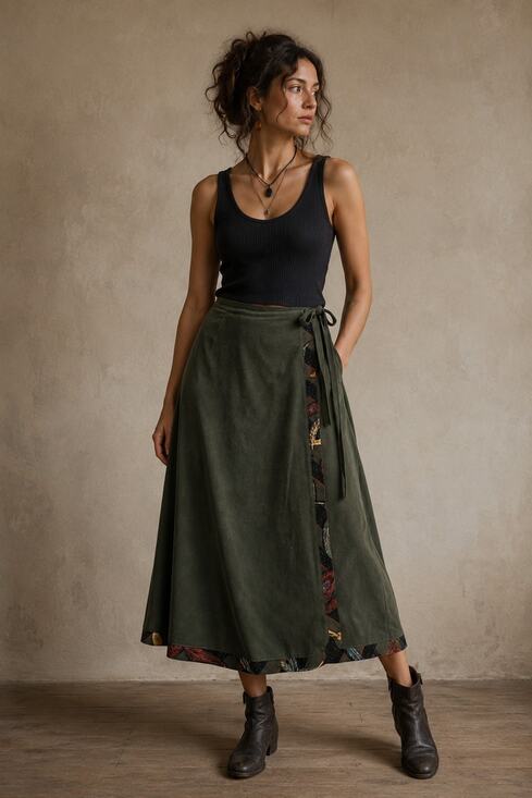 Koos of Course Dresses & Skirts - Vintage Koos of Course Skirt Women S Olive Green Boho Artsy Wrap Chic Adjustable